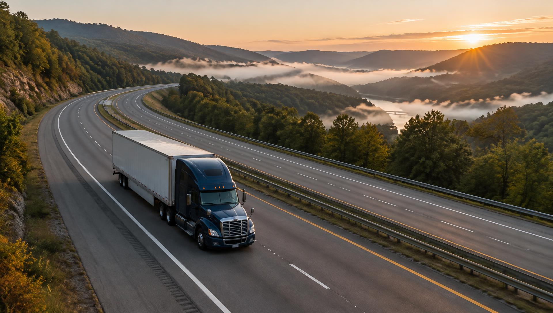 American semi truck traveling through Pennsylvania hills