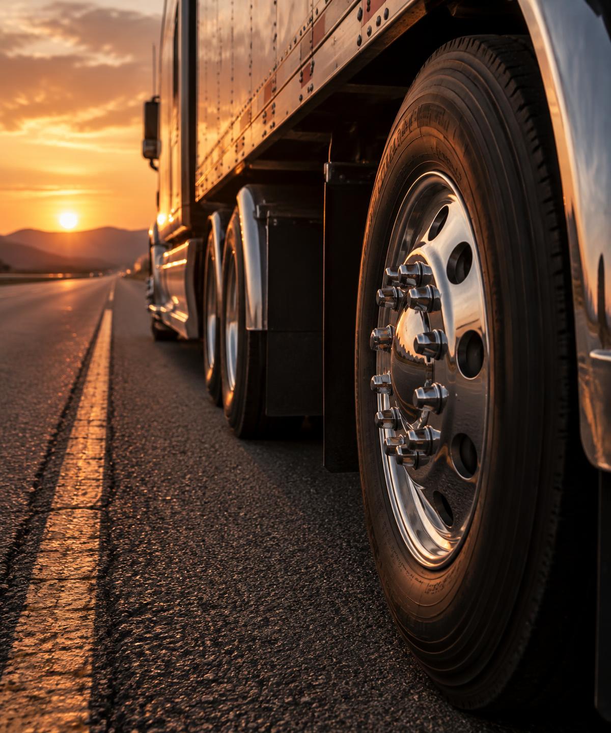 Detailed view of an American semi truck wheel on the road